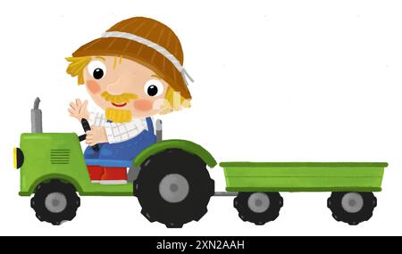 cartoon scene with farmer man working on tractor doing some activity isolated background illustation for kids Stock Photo