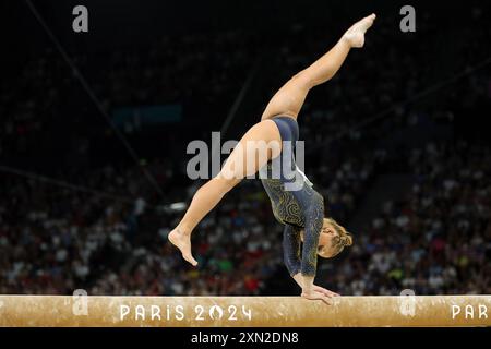 PARIS, FRANCE - JULY 30: Flavia Saraiva of Team Brazil on balance beam during the Artistic Gymnastics Women's Team Final on day four of the Olympic Games Paris 2024 at Bercy Arena on July 30, 2024 in Paris, France.  © diebilderwelt / Alamy Live News Stock Photo