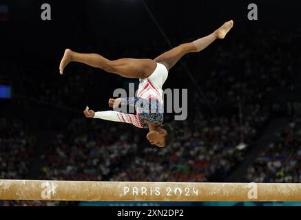 PARIS, FRANCE - JULY 30: Simone Biles of Team United States competes on the balance beam during the Artistic Gymnastics Women's Team Final on day four of the Olympic Games Paris 2024 at Bercy Arena on July 30, 2024 in Paris, France.  © diebilderwelt / Alamy Live News Stock Photo