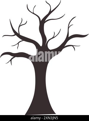 Black silhouette of tree without leaves. Halloween isolated icon on transparent background for design or sticker pack Stock Vector