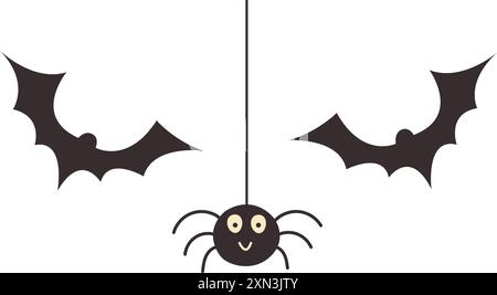 Black silhouette of spider and bats. Halloween cute character isolated on transparent background for design or sticker pack Stock Vector