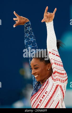 Simone Biles of Team United States competes on the Floor during the Artistic Gymnastics Women's Team Final on day four of the Olympic Games Paris 2024 at Bercy Arena on July 30, 2024 in Paris, France Stock Photo