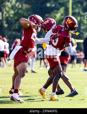 Washington Commanders safety Jeremy Reaves (39), cornerback Noah Igbinoghene (19) and safety Darrick Forrest (22) participating in drills during practice at the OrthoVirginia Training Center at Commanders Park in Ashburn VA on July 28 2024 (Alyssa Howell/Image of Sport) Stock Photo