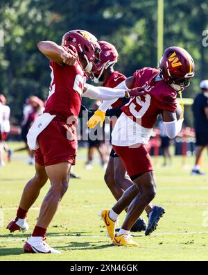 Washington Commanders safety Jeremy Reaves (39), cornerback Noah Igbinoghene (19) and safety Darrick Forrest (22) participating in drills during practice at the OrthoVirginia Training Center at Commanders Park in Ashburn VA on July 28 2024 (Alyssa Howell/Image of Sport) Stock Photo