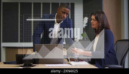 Business people discussing documents with financial graph image over scene Stock Photo