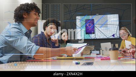 Analyzing data and charts image over diverse team in meeting room. Business, teamwork, data analysis, collaboration, diversity, presentation Stock Photo
