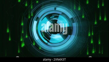 Futuristic digital interface with rotating elements and binary code image Stock Photo