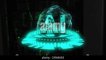 AI text image over futuristic digital interface with glowing green elements Stock Photo
