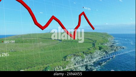 Image of red line and financial data processing over landscape Stock Photo