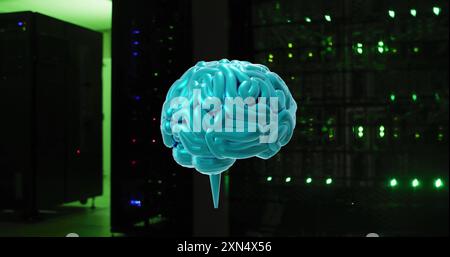 3D brain image over server room with green lights. Technology, data, networking, artificial intelligence, digital, glowing Stock Photo