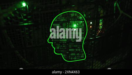 Binary code and digital data processing image over human head silhouette in green Stock Photo