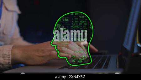 Typing on laptop, hands over binary code and human head image. Technology, coding, programming, data, cyber, digital Stock Photo