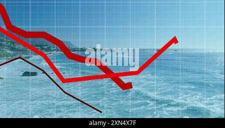 Image of red lines and financial data processing over seascape Stock Photo