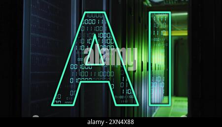 AI text image over binary code and server racks Stock Photo