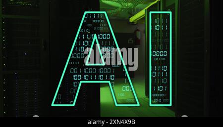 AI text image over binary code and server room background. Technology, data, digital, cybersecurity, programming, network Stock Photo