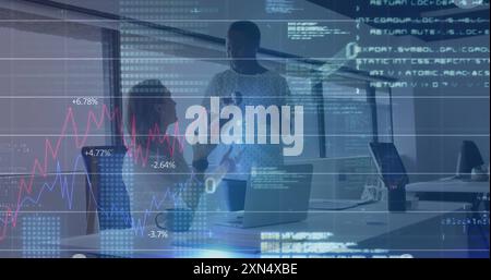 Image of financial data processing over diverse colleagues discussing work in office. Global business, computing, communication and digital interface Stock Photo
