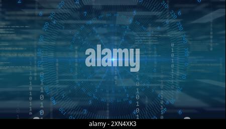 Image of circular scanner over blue light and data processing on dark background Stock Photo