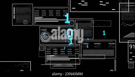 Image of digital data processing and binary coding over black background Stock Photo
