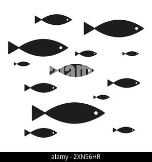 School of fish. Black vector silhouettes. Simple fish icons. Marine life illustration. Stock Vector