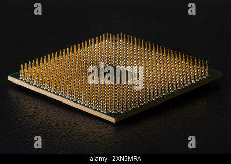 Low angle view of CPU processor chip pin side up isolated on black Stock Photo