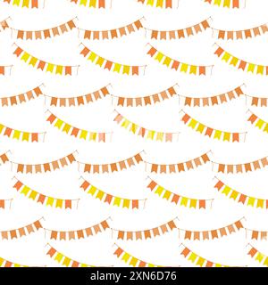 Halloween pendants on rope in trendy monochrome orange. Holiday bunting garland Seamless pattern Isolated on white. Vector Carnival or holiday abstract background texture or greetings design concept Stock Vector