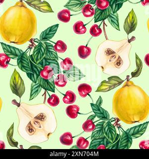 Watercolor fruit pattern with cherries and quince. Berry fruit pattern with green background. Botanical pattern for packaging design, fabrics, textile Stock Photo