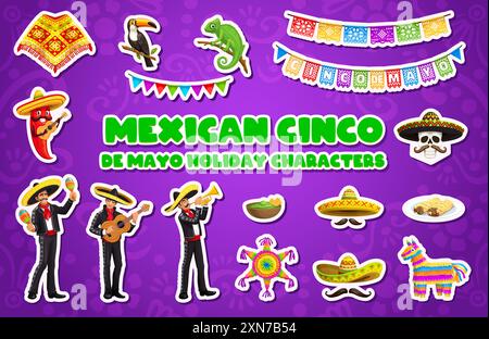 Stickers pack of Mexican Cinco de mayo characters and food. Vector set of patches, mariachi musicians, chili pepper, traditional pinata and sombreros, Stock Vector