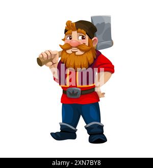 Cartoon gnome lumberjack or woodcutter character. Isolated vector dwarf personage with bushy beard and red shirt, holding an oversized axe over his sh Stock Vector