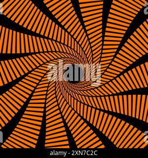 Psychedelic Halloween spiral pattern featuring black and orange lines that twist and turn towards the center. Vector optical illusion background with Stock Vector