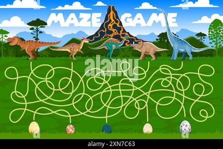 Kids labyrinth maze game, help to dinosaur mother find her kid egg. Vector worksheet with ancient dino mom reptiles search their children at tangled p Stock Vector