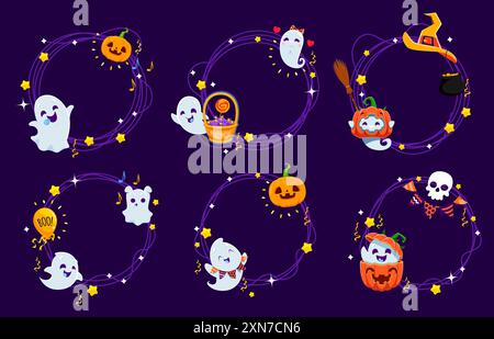 Halloween holiday frames with kawaii ghosts and pumpkin, vector borders. Halloween and trick or treat party circle frames with cartoon spooky skull, c Stock Vector