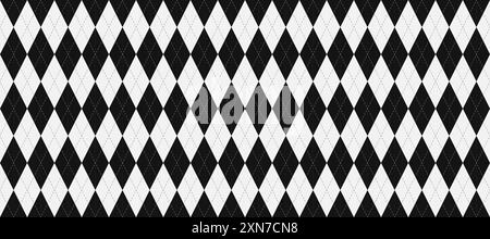 Black and white seamless argyle pattern. Rhombus repeated texture background. Diamond forms and stitches for textile design, fabric print, wrapping paper, clothes pattern design. Vector wallpaper Stock Vector