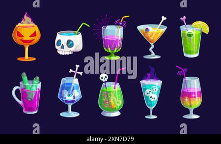 Halloween holiday party cocktail drinks for bar menu in spooky glasses, cartoon vector. Halloween cocktail drinks and soda beverages in skull or scary Stock Vector