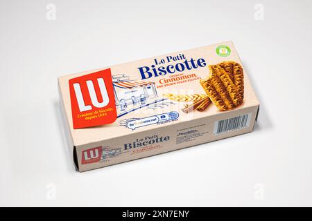 A box of LU Le Petit Biscotte Cinnamon and Brown Sugar Biscuits on white background. Stock Photo