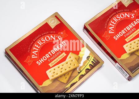 Two boxes of Paterson's Clotted Cream Shortbread Fingers on white background. Stock Photo
