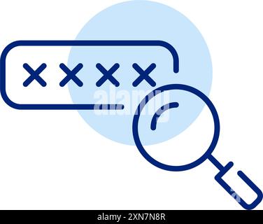 Password covered by asterisks in box and magnifying glass. Showing password, checking strength. Pixel perfect, editable stroke icon Stock Vector