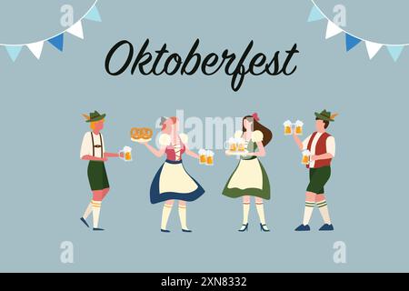 Group of people attending oktoberfest party celebration. man and woman wearing traditional clothes. Flat cartoon illustration. Stock Vector