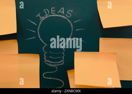 A chalkboard filled with blank sticky notes surrounding a hand-drawn lightbulb, illustrating the concept of brainstorming and new ideas. Stock Photo