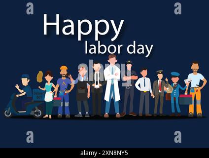 Vector illustration of labour day vector on 1st may with different profession worker standing in front of flag. labour day, labour day image, may 1 la Stock Vector