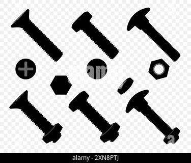 Set of bolt and hex nut isolated on white background. Realistic 3d stainless steel bolt and nut icon. screw-nuts and bolts. Black silhouette icon, vec Stock Vector