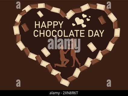 Vector illustration poster of chocolate day image, chocolate pieces placed in heart shape with beautiful text design of happy chocolate day Stock Vector