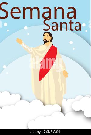 Vector illustration of semana santa holy week celebrated in spain, portrait of jesus christ with blue sky background. Stock Vector