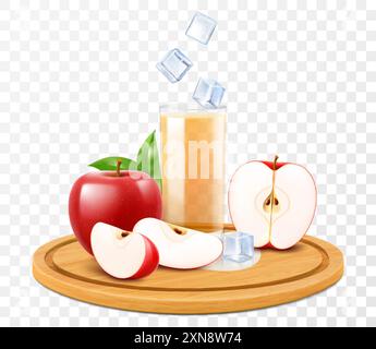 A glass of fresh apple juice or smoothie with ice cubes. Cup of cocktail or yogurt with red ripe apples on wooden tray, isolated on transparent backgr Stock Vector