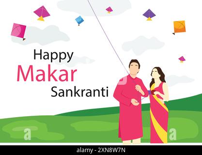 Vector illustration poster of happy makar sankranti, husband and wife flying kite. Stock Vector