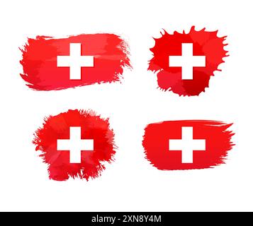 Set of isolated Swiss flag icons. Watercolor spots, brushing strokes design. Weekend tour symbol concept. Ink stain with flag of Switzerland backdrop Stock Vector