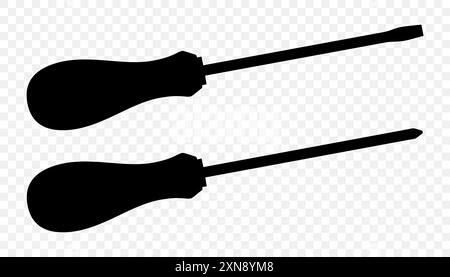 Flat head and Phillips screwdriver isolated on transparent background. Long screwdrivers. Metal tool for Home Repairs and Mechanical Work. Black silho Stock Vector