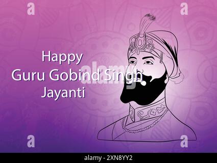 Vector illustration of guru gobind singh jayanti, indian sikh religious festival on purple background. Stock Vector