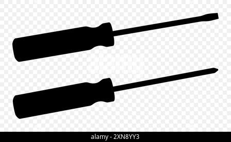 Flat head and Phillips screwdriver isolated on transparent background. Long screwdrivers. Metal tool for Home Repairs and Mechanical Work. Black silho Stock Vector