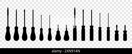 Set of screwdrivers isolated on transparent background. Flat head and Phillips, long and short screwdrivers. Tool for Home Repairs and Mechanical Work Stock Vector