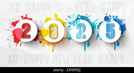 New Year 2025 with a colorful paint concept with numbers attached to round objects. for Celebrate 2025 party, calender and poster Stock Vector